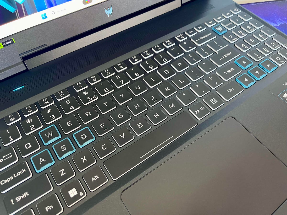 Acer Predator Helios Neo 16 keyboard with blue outlined WASD and arrow keys