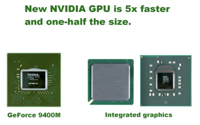 Nvidia claims the GeForce 9400M is smaller and faster than Intel's popular integrated graphics silicon