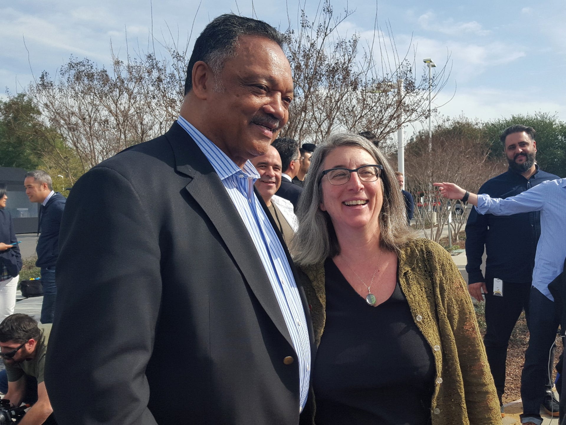 The Rev. Jesse Jackson and Cindy Cohn, executive director of digital-rights group the Electronic Frontier Foundation, voice their support for Apple's privacy stance.