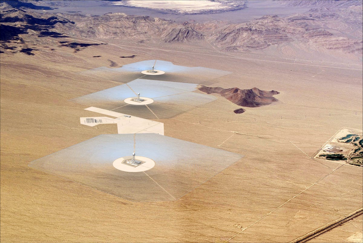 A sketch of the three solar towers of the Ivanpah solar project will look when finished in 2013.