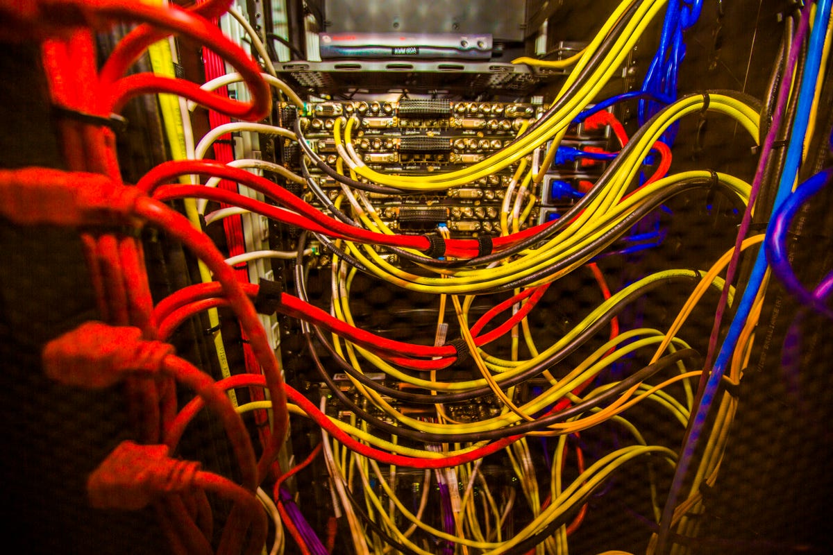A series of colorful wires inside the massive data control center at Levi's Stadium, the site of Super Bowl 50.