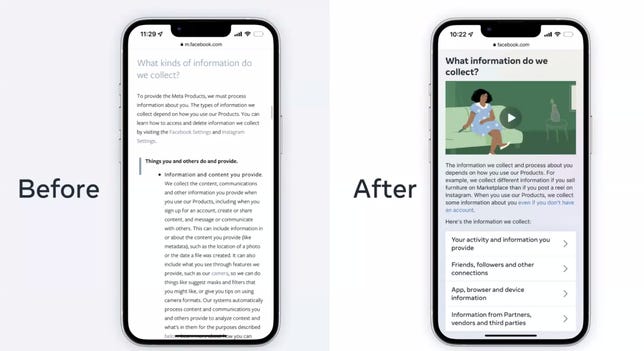 A before and after screenshot of Meta's privacy policy on a mobile phone