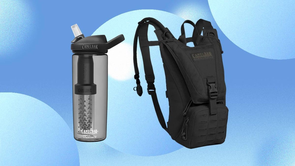 A water bottle and hydration pack from CamelBak are displayed against a blue background.