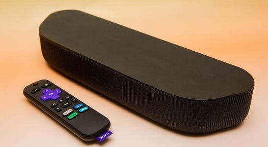 A black Roku Streambar and remote.