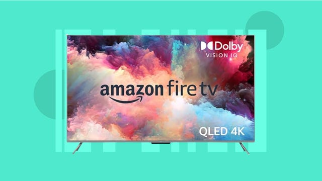 The 75-inch Amazon Fire TV Omni QLED Series 4K UHD TV is displayed against a teal background.
