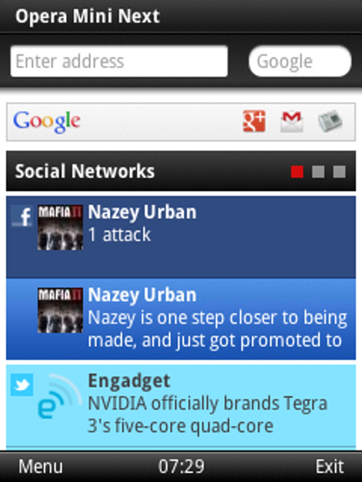 The Home tab keys into site feeds, so you can see site update notifications in Opera Mini without loading the site in full.