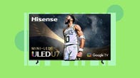 The Hisense U7 4K Google TV is displayed against a green background.