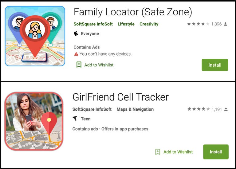 Listing for tracking apps Family Locator and GirlFriend Cell Tracker
