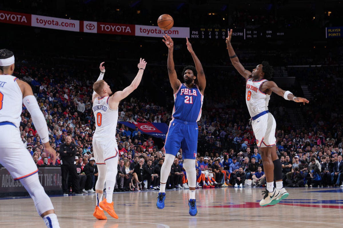 Joel Embiid #21 of the Philadelphia 76ers shoots the ball during the game against the New York Knicks during Round 1 Game 3 of the 2024 NBA Playoffs