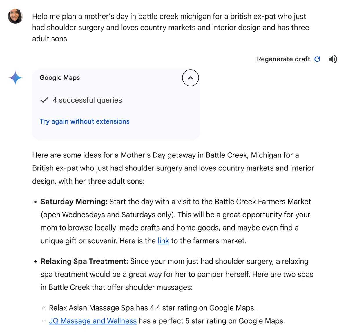 Google Gemini AI Mother's Day screenshot of search text