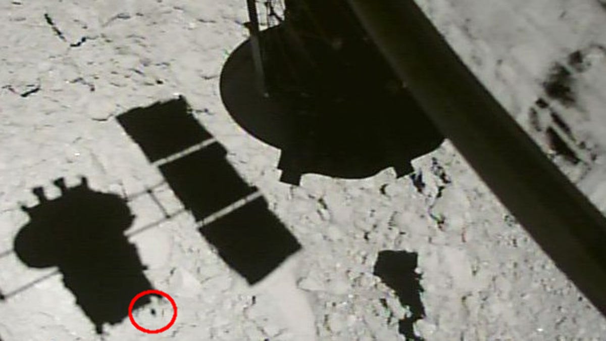 The shadow of the Hayabusa2 spacecraft on the surface of the asteroid Ryugu.
