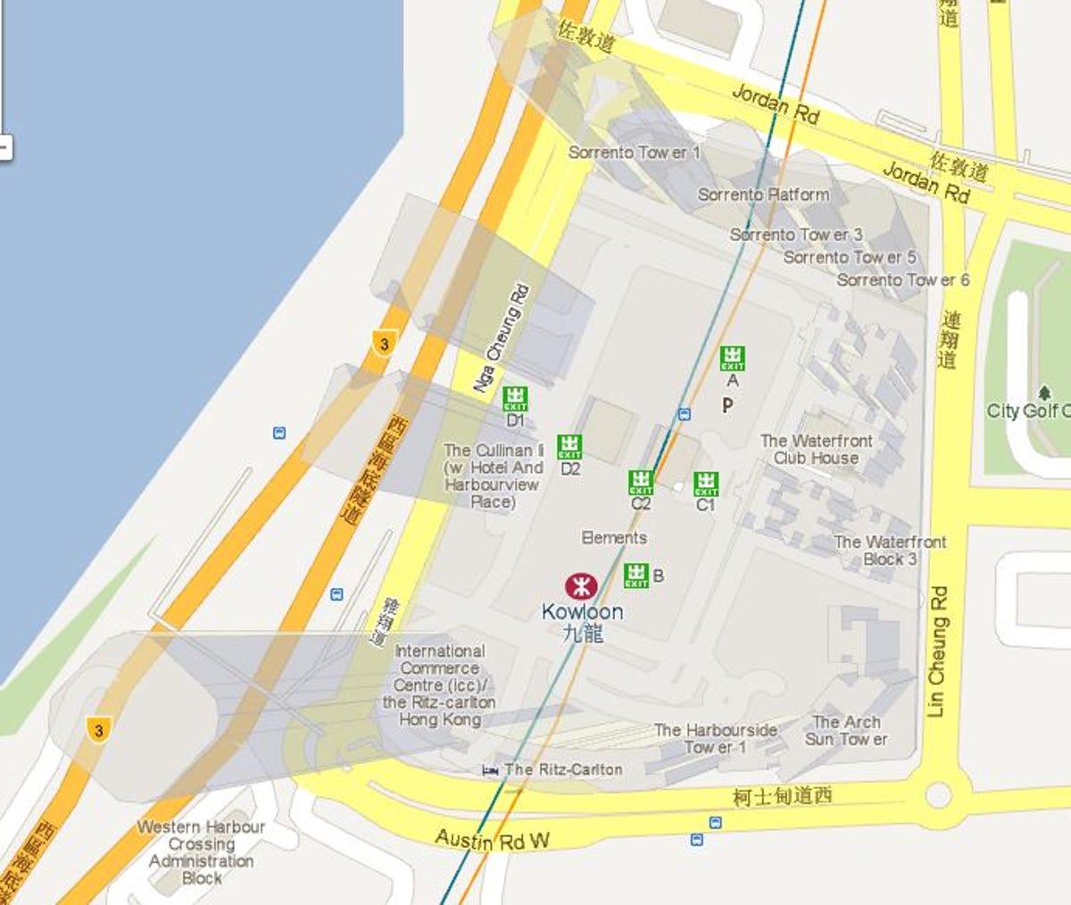 The WebGL-powered version of Google Maps shows transparent 3D buildings such as this view of Hong Kong's Kowloon area.