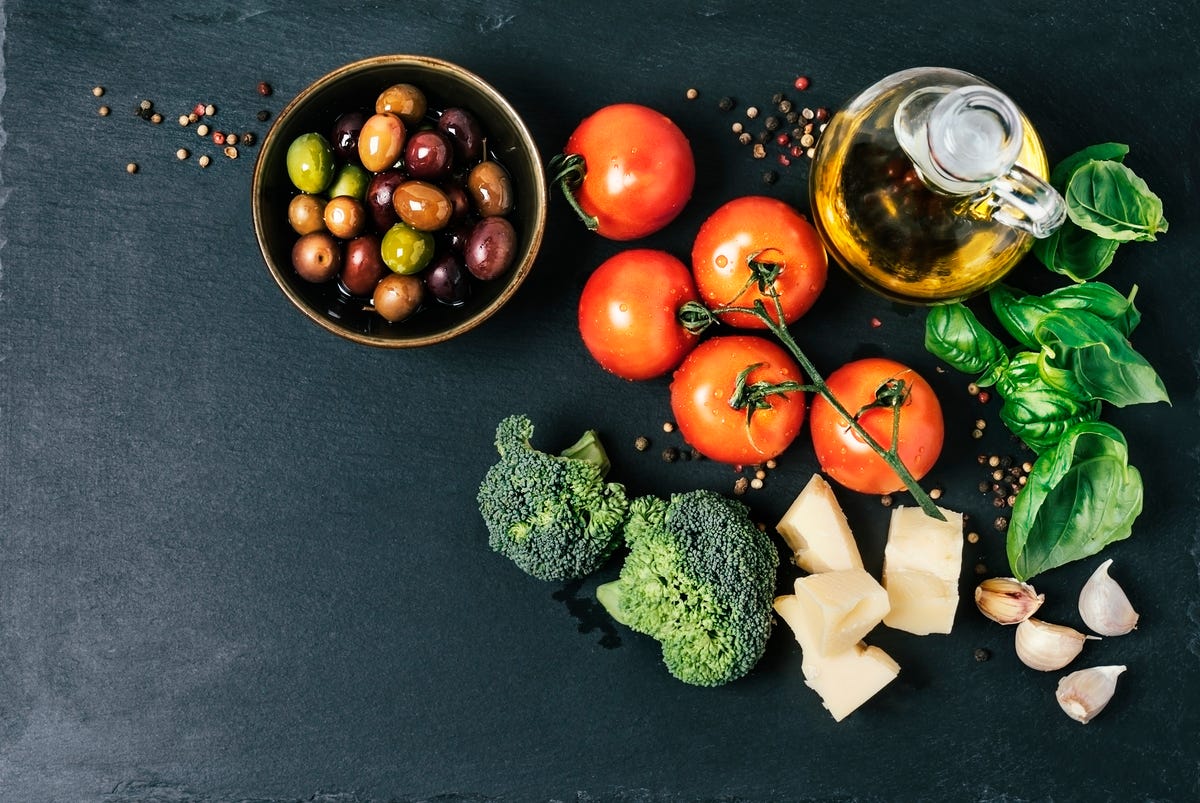 Olives, tomatoes, broccoli, olive oil