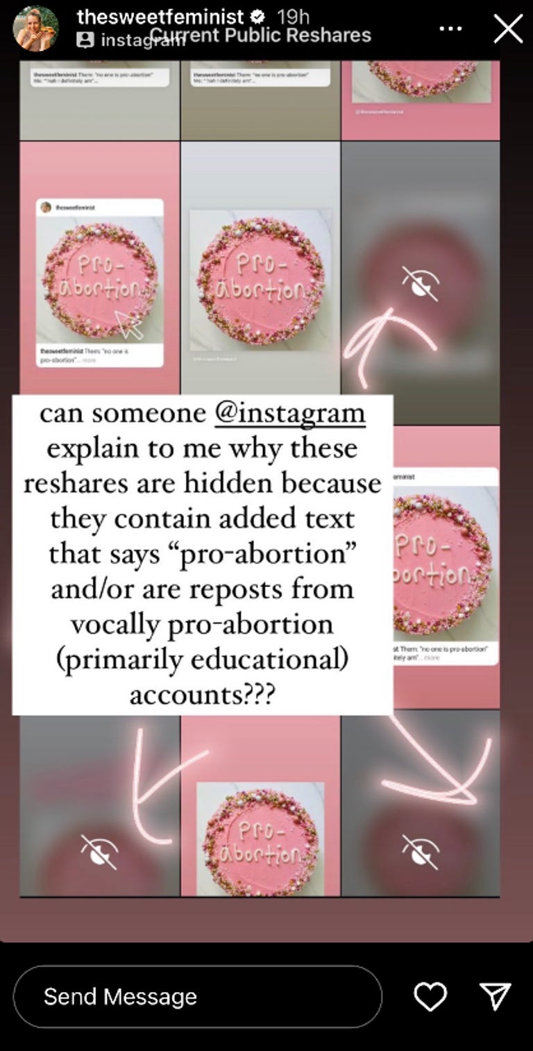 Instagram marks a photo of pink cake with the message 