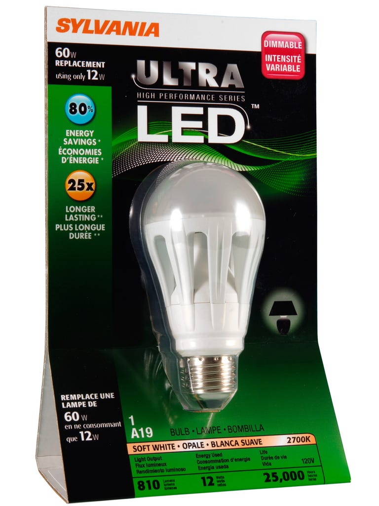 The Sylvania LED designed for general lighting, which gives off as much light as a 60-watt incandescent and uses 12 watts.