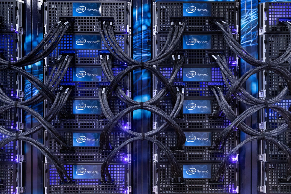 Up to 1,024 of Intel's Nervana NNP-T chips can be linked together for the computationally intense task of training artificial intelligence systems. Here are some of the 480 Intel showed interconnected at its AI Summit 2019.