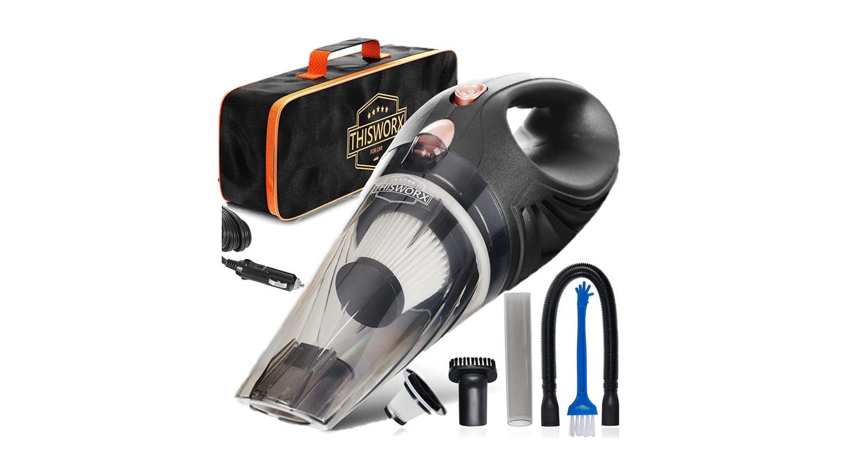 A ThisWorx car vacuum, carrying case and accessories against a plain white background.