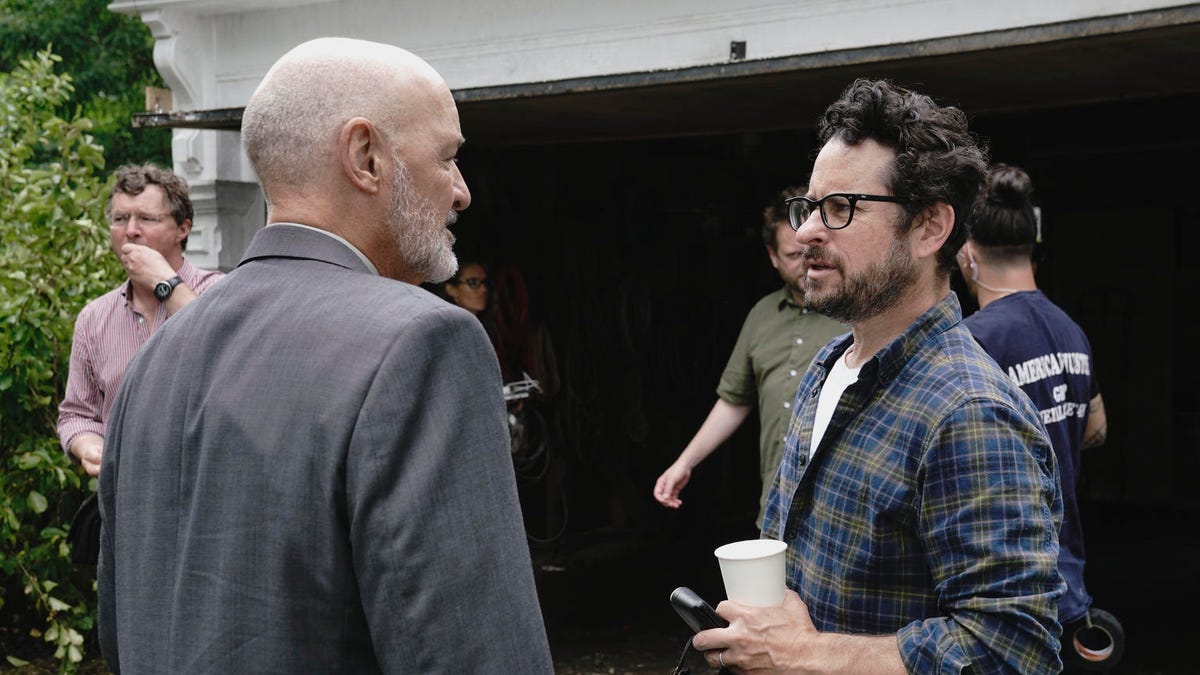JJ Abrams and actor Terry O'Quinn speak on the set of Castle Rock