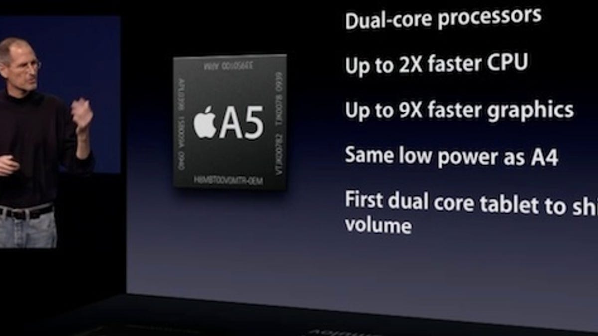 Steve Jobs talks up the A5 processor at an Apple event in March.