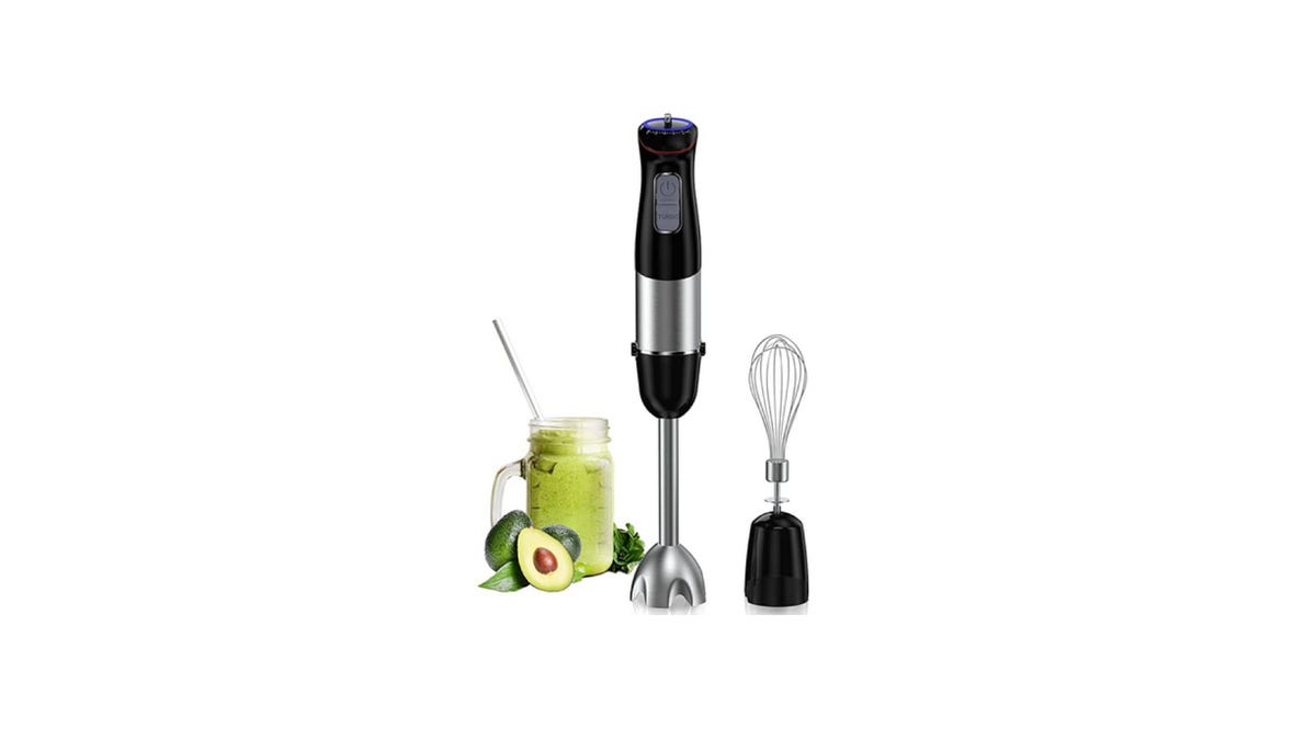 Close up of an immersion blender next to a detachable whisk and an avocado smoothie