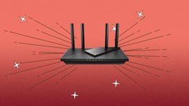 A black Wi-Fi router against a red background.