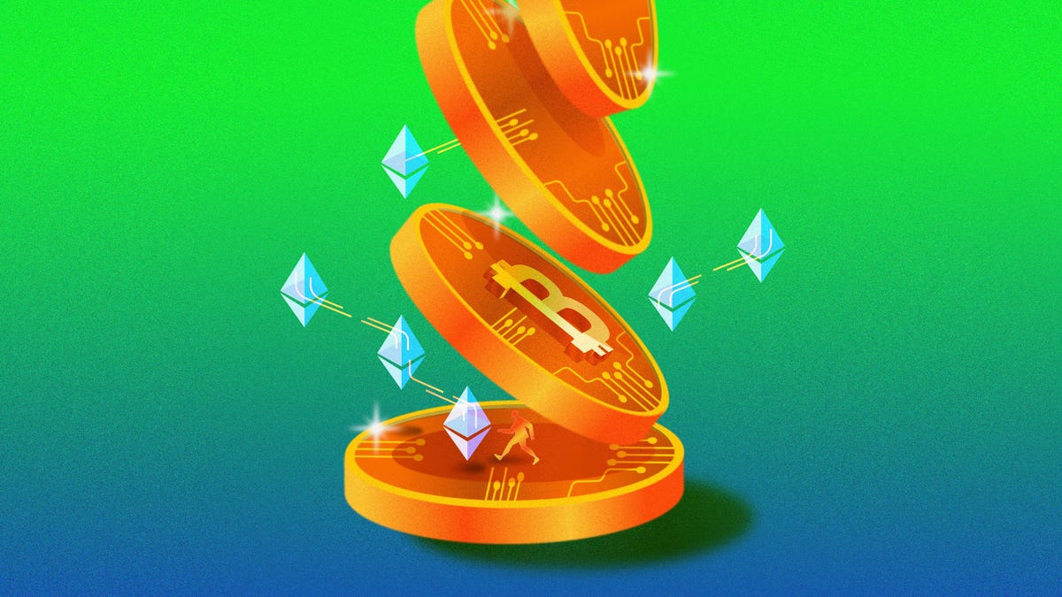 Illustration showing coins representing cryptocurrency descending into a stack
