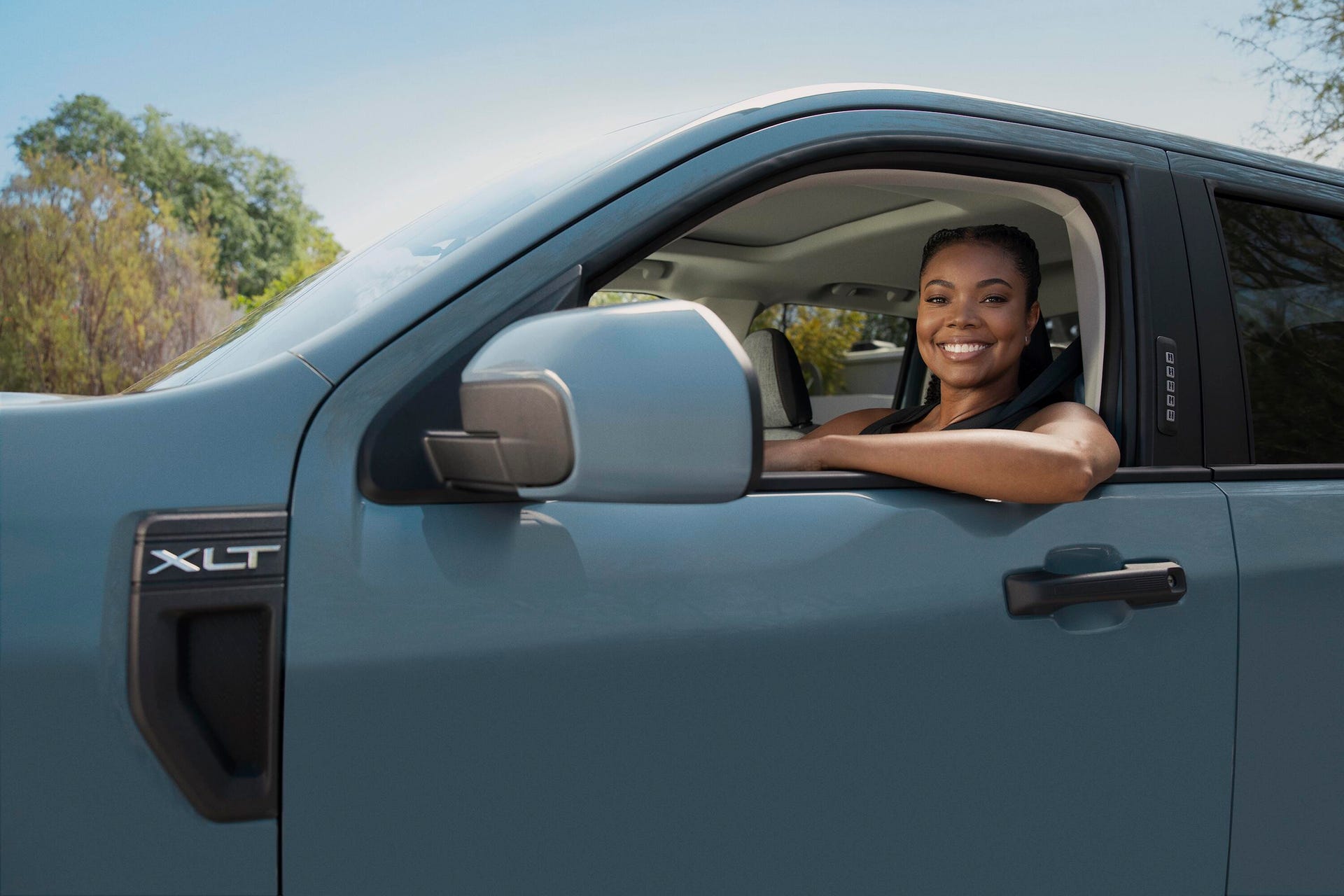 Gabrielle Union sitting in a 2022 Ford Maverick pickup