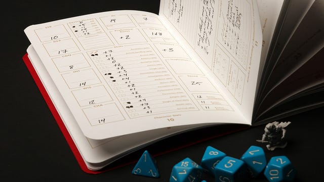 A notebook with D&D details and dice below it