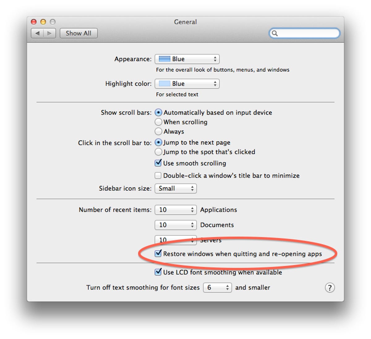 Resume settings in the system preferences