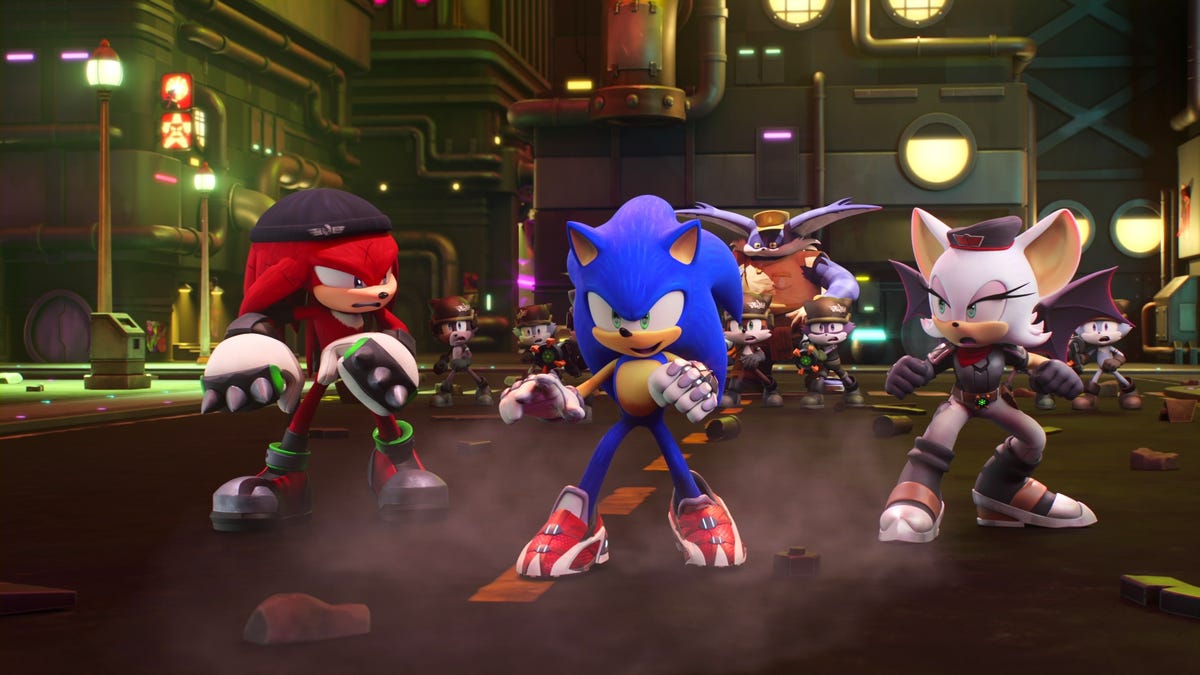 sonic, knuckles and rouge standing next to each other in Sonic Prime