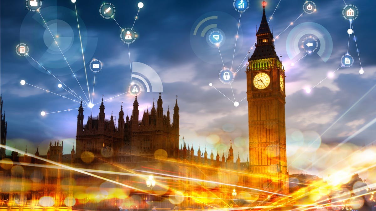 UK Houses of Parliament with digital services overlay