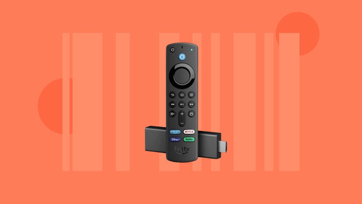 The Amazon Fire TV Stick 4K media streamer is displayed against an orange background.