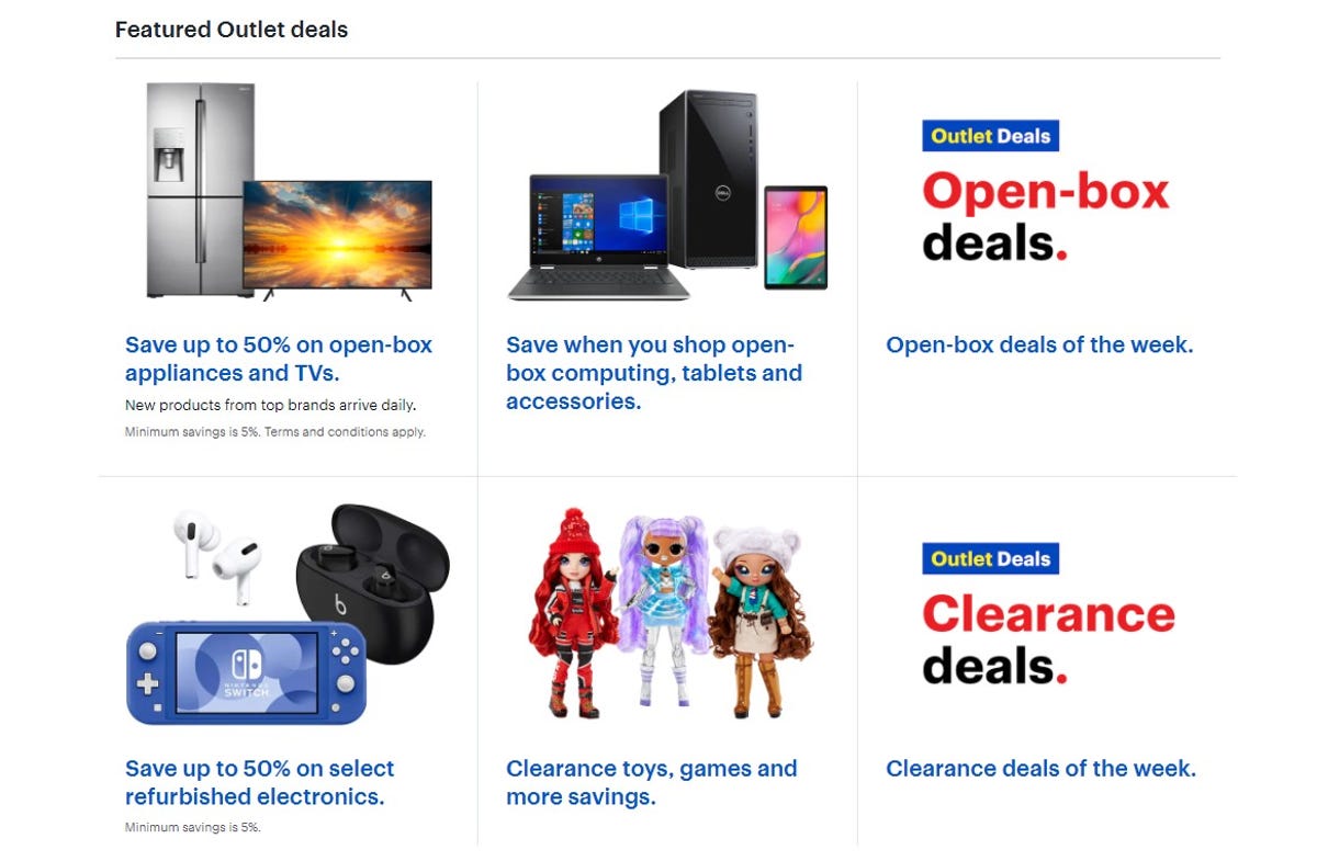 Webpage screenshot showing open-box and clearance deals on display