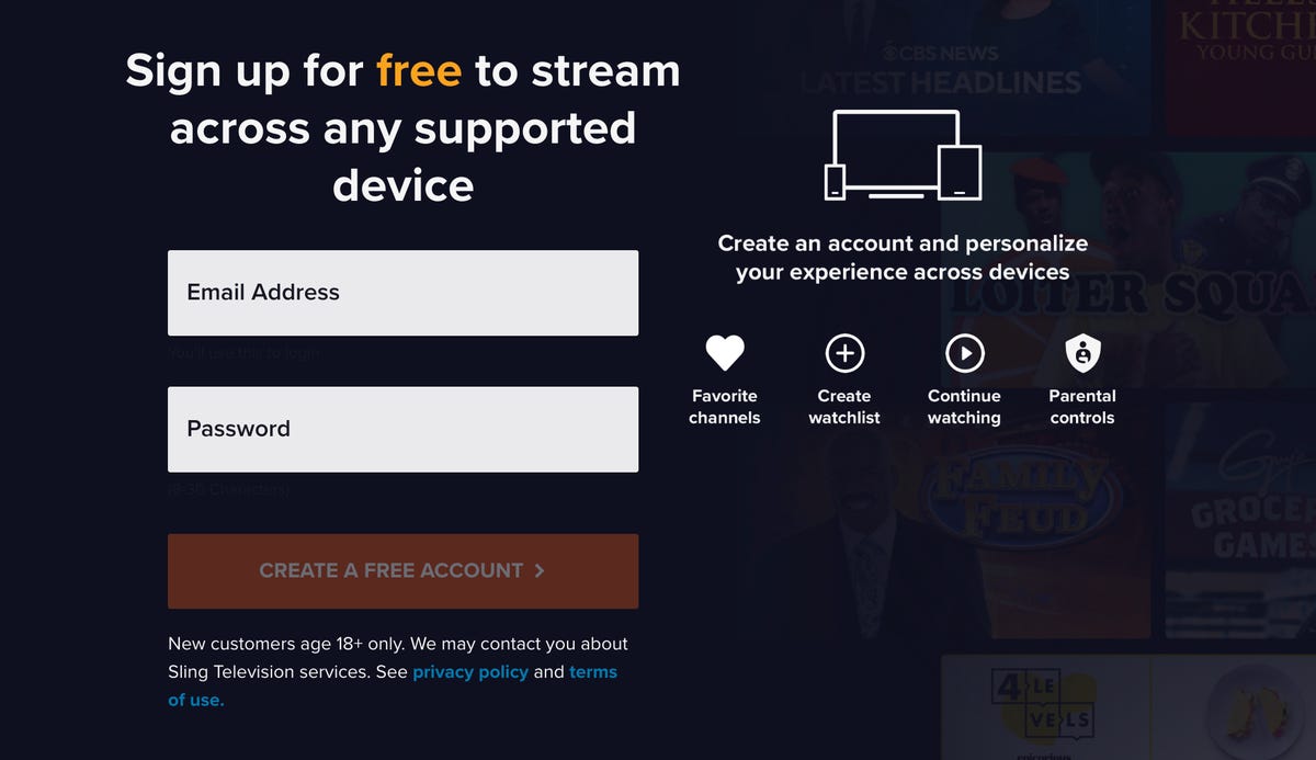 Sling Freestream create an account