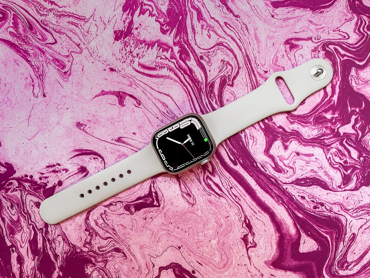 Apple Watch Series 7 with a funky black-and-white watch face