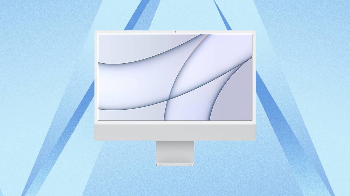 A 2021 M1 iMac desktop against a blue background.