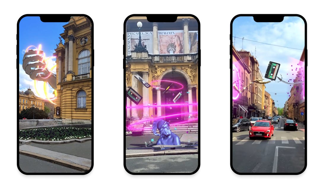 three phone screens showing virtual images overlaid on city scenes