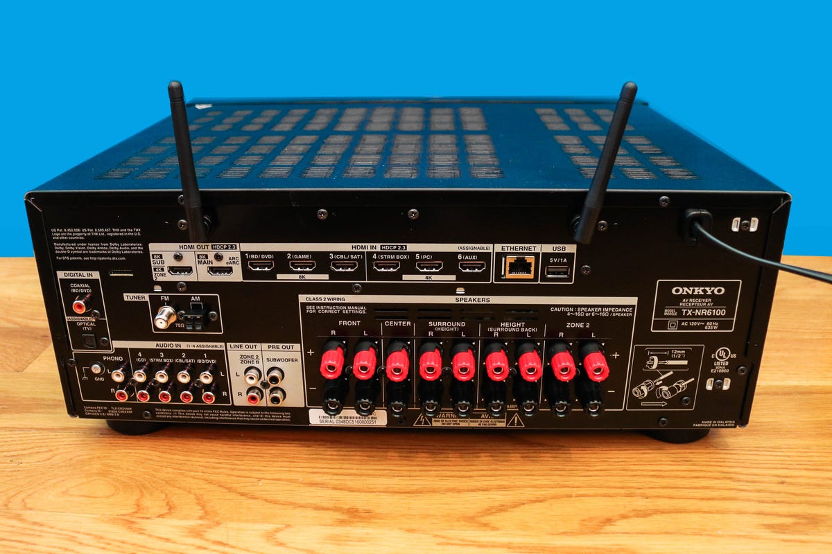 The rear panel of the TX-NR6100 receiver