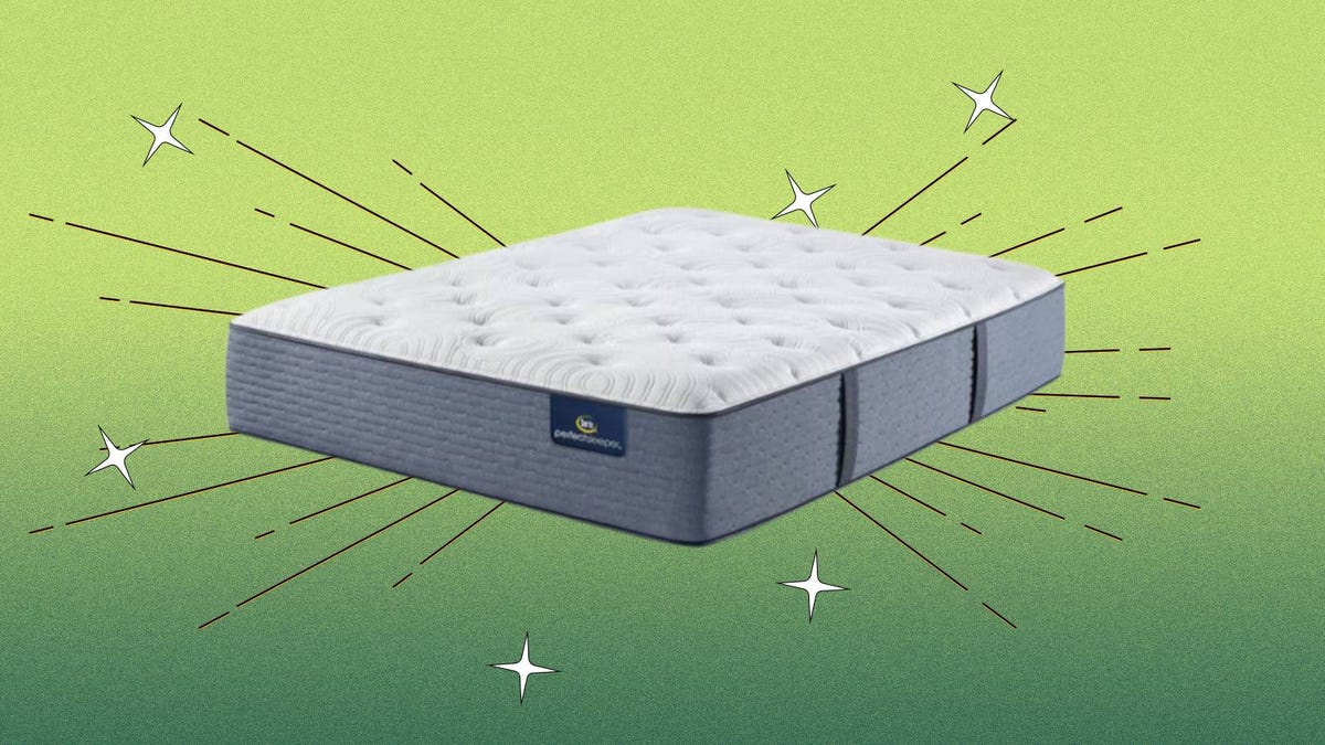 A Serta mattress is displayed against a green background.