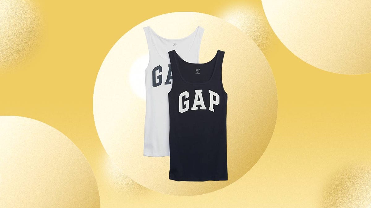 Two GAP women&apos;s ribbed tank tops are displayed against a yellow background.