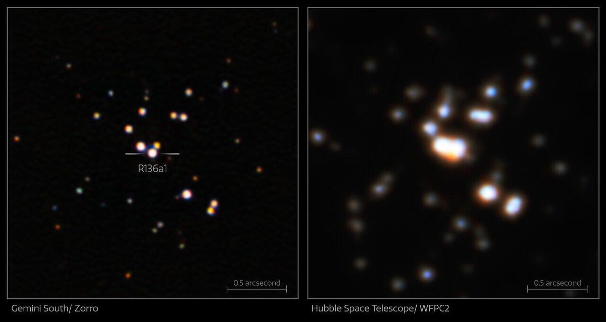 On the right is a super blurry version of the star cluster which holds R136a1.  The star at hand is almost blended into the one right next to it.  On the left is the new image we have of the region -- it's much, much clearer.