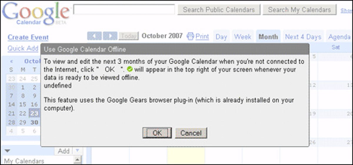 A view from 2007 that indicated Google work on offline access to Google Calendar.
