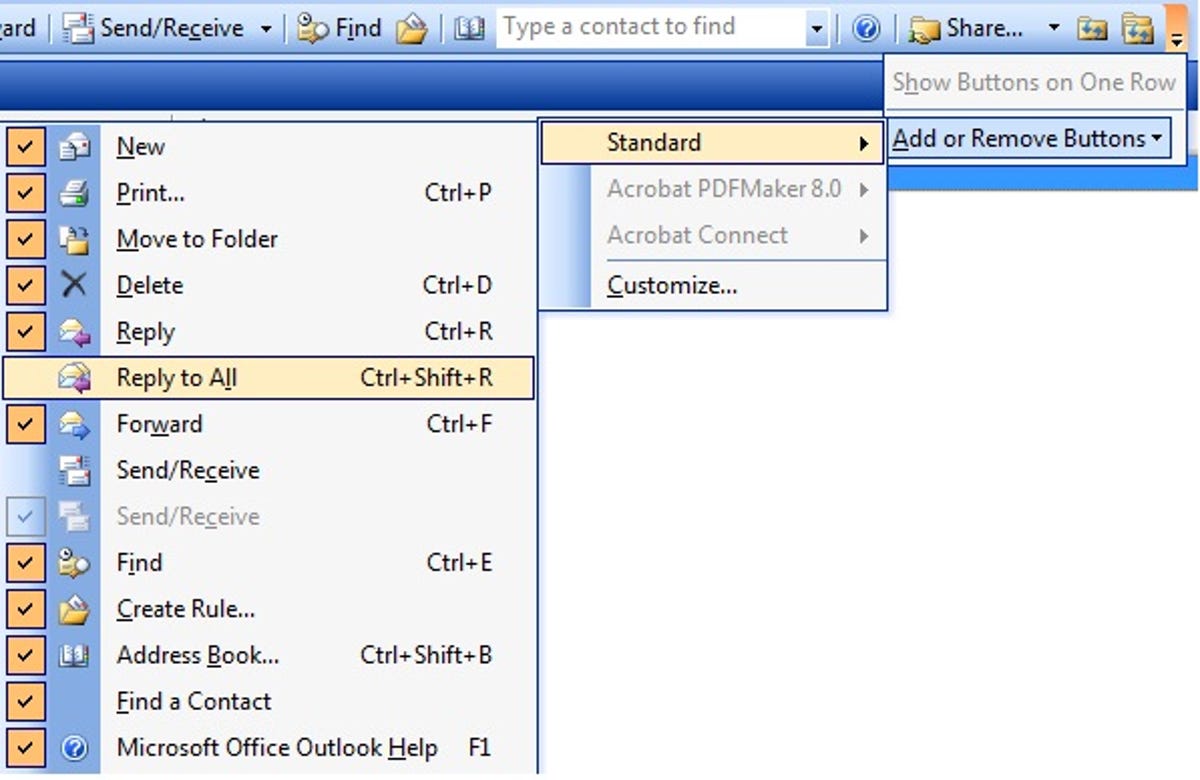 MS Outlook 2003 toolbar-customization options