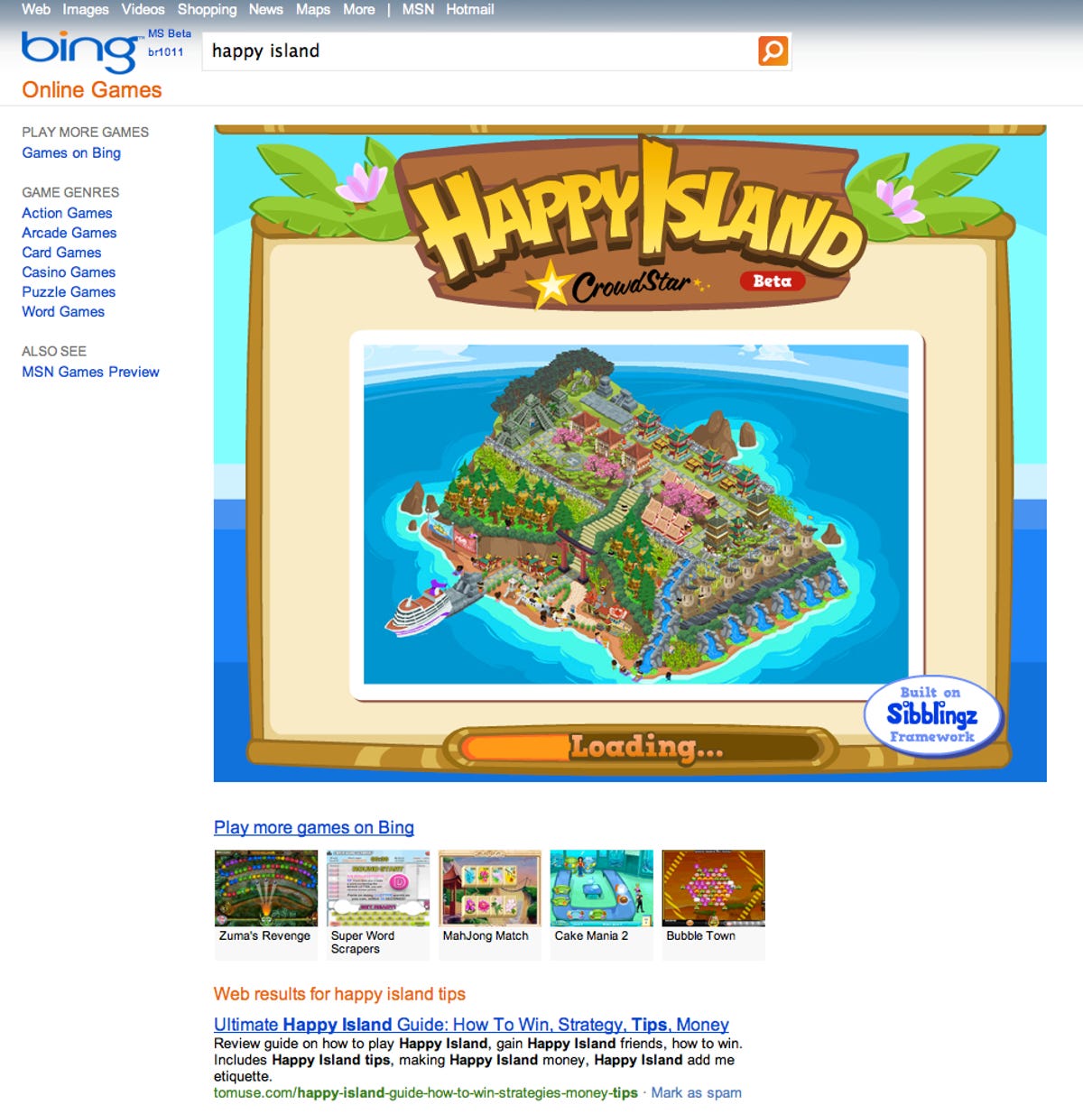 Happy Island running inside of Bing's search results page.
