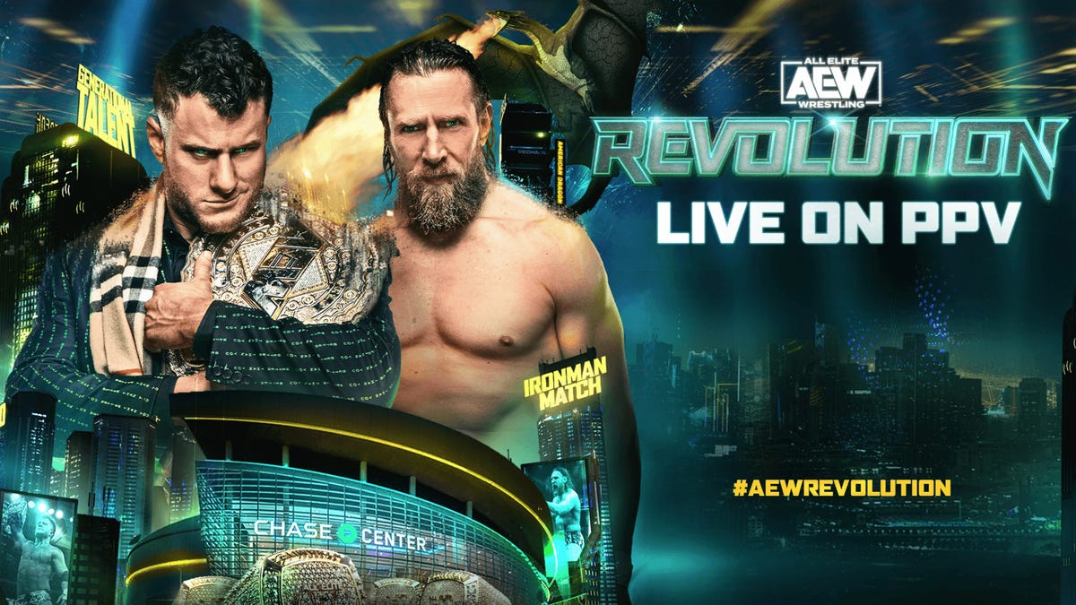 A promo image for AEW Revolution featuring MJF and Bryan Danielson.
