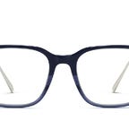 Pair of blue Warby Parker glasses.