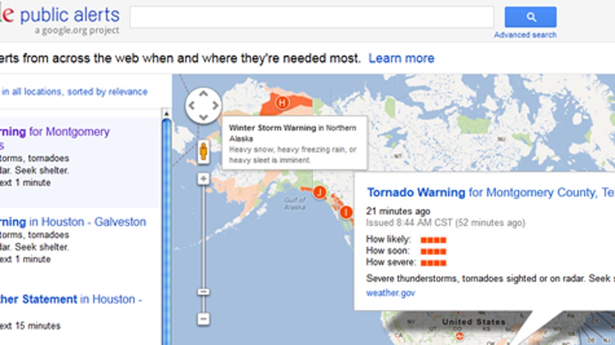Google's new Public Alerts page now offers information on emergencies around the world.