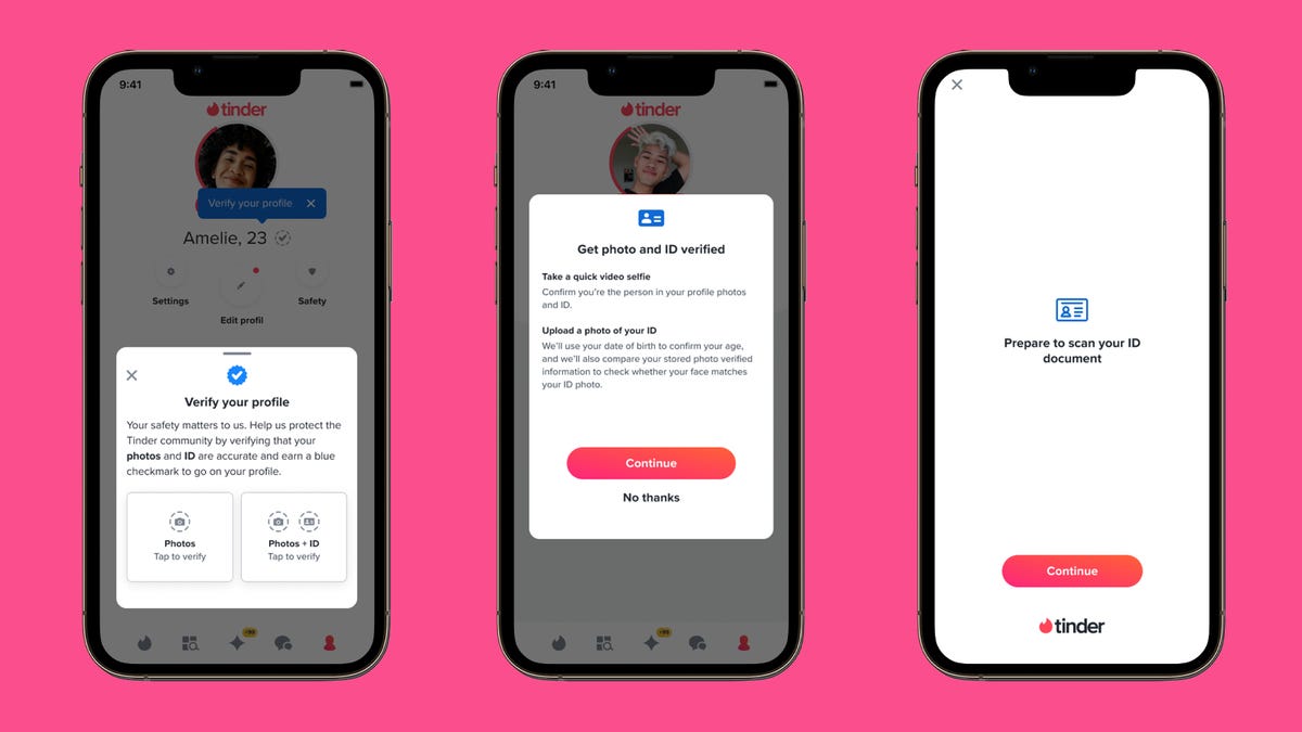 three phones showing the new verification process on pink background