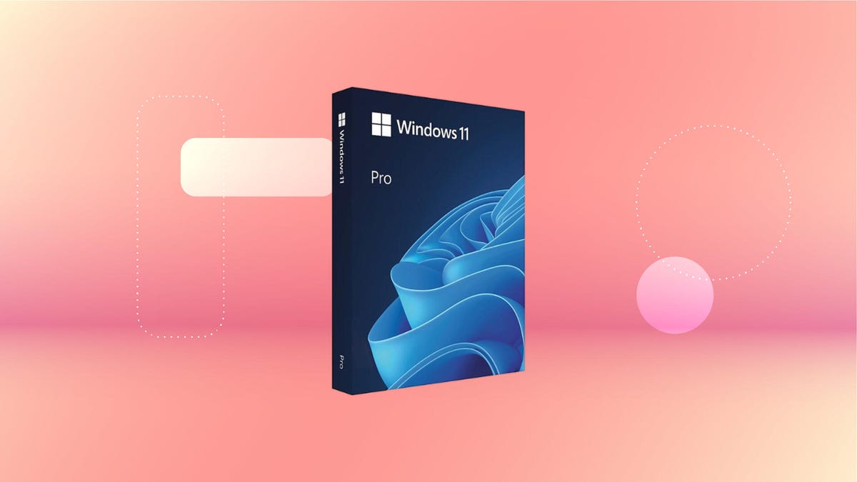 Windows 11 Pro box on pink gradient background
