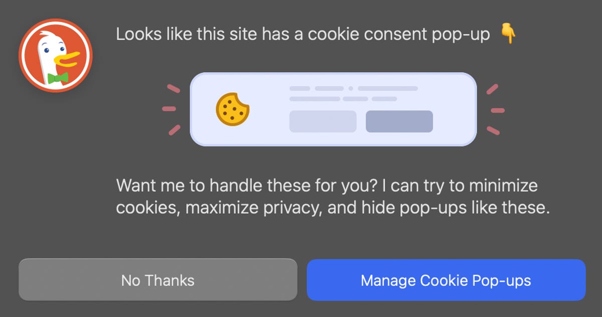 Herramienta de administración de ventanas emergentes de consentimiento de cookies de DuckDuckGo